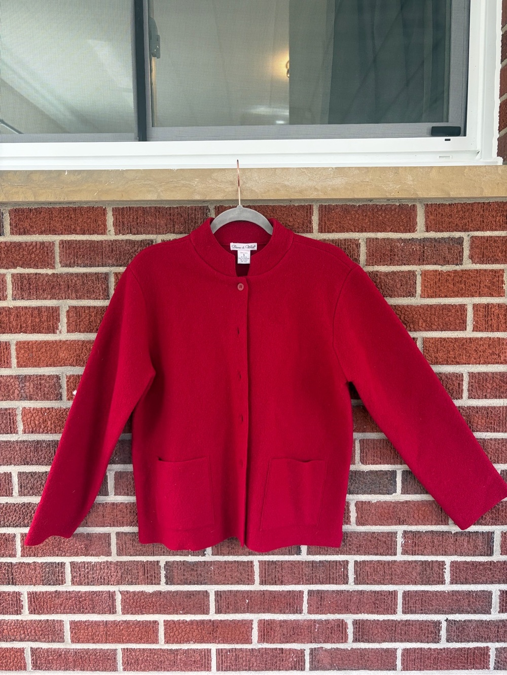 Women's Red Button-Front Crewneck Sweater Jacket by Joan Vass